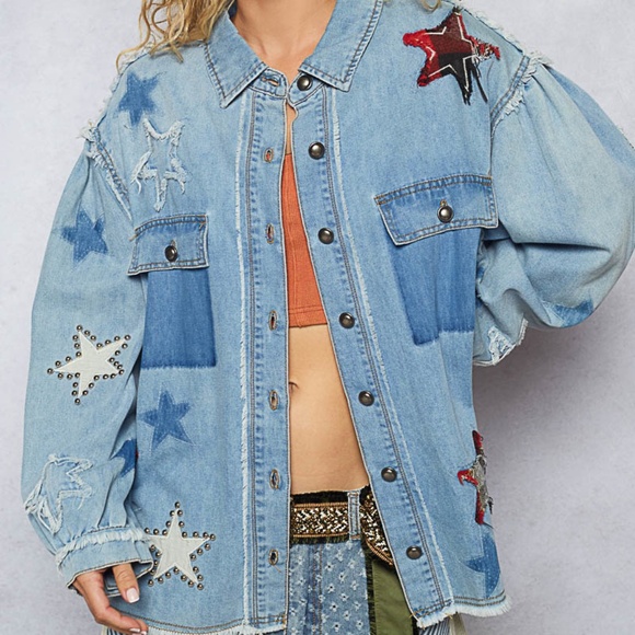 New Pol Denim Shacket Top Button Shirt Women Stars Boho Anthropologie Blue - Picture 1 of 11